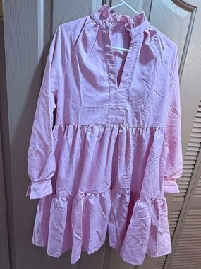 SHEIN Pink Ruffle High-Neck Tiered Long-Sleeve Dress